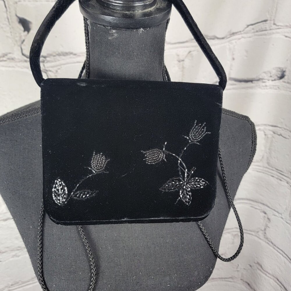 Gap Crossbody Evening Handbag Velvet Elegant Beaded Vintage Vtg Black Tie Formal